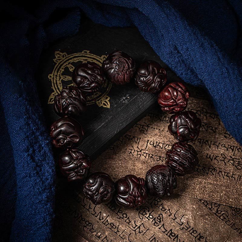 Buddha Stones Chinese Zodiac Engraved Small Leaf Red Sandalwood Protection Bracelet - Image 3