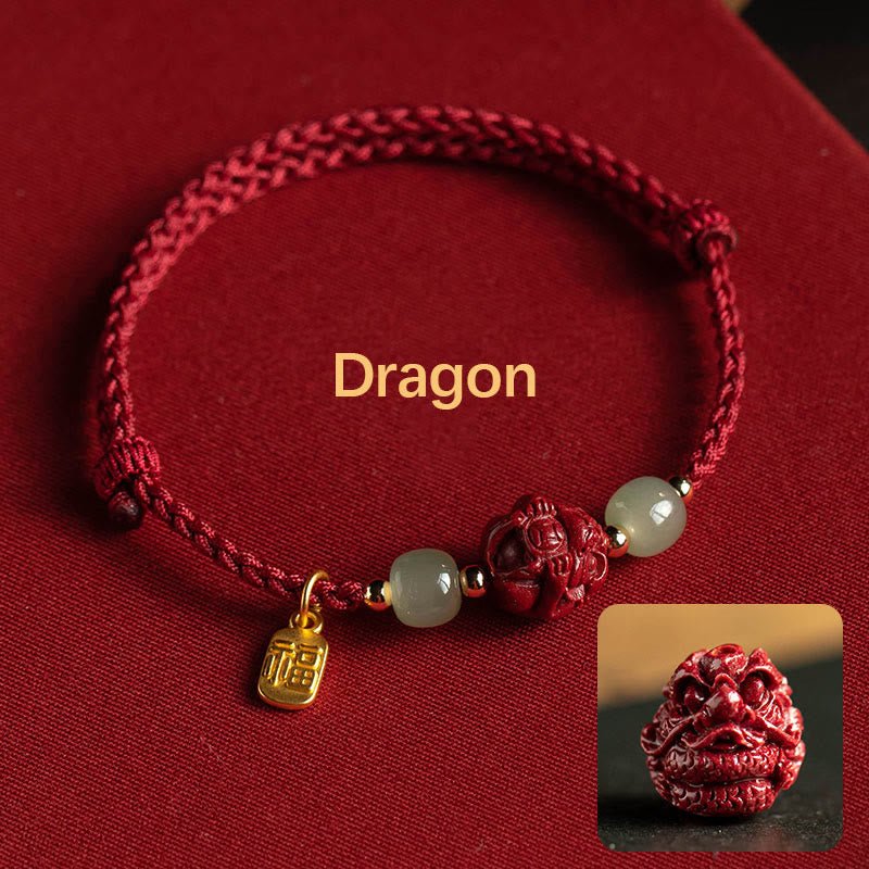 Buddha Stones Natural Cinnabar Chinese Zodiac Hetian Jade Fu Character Luck Rope Bracelet - Image 5