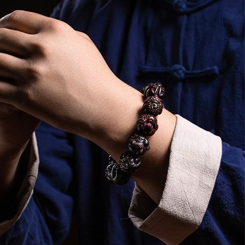 Buddha Stones Chinese Zodiac Engraved Small Leaf Red Sandalwood Protection Bracelet - Image 11