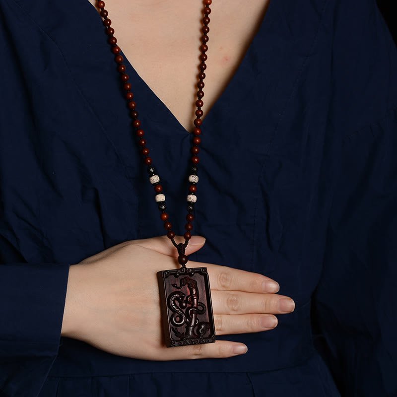 Buddha Stones Chinese Zodiac Small Leaf Red Sandalwood Calm Necklace Pendant - Image 4