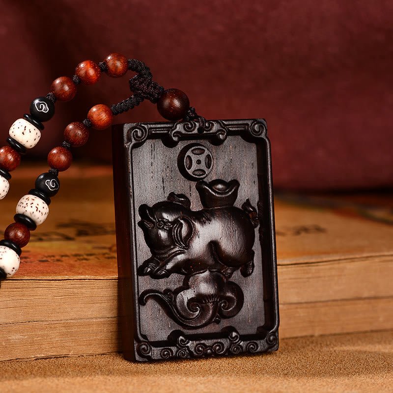 Buddha Stones Chinese Zodiac Small Leaf Red Sandalwood Calm Necklace Pendant - Image 23