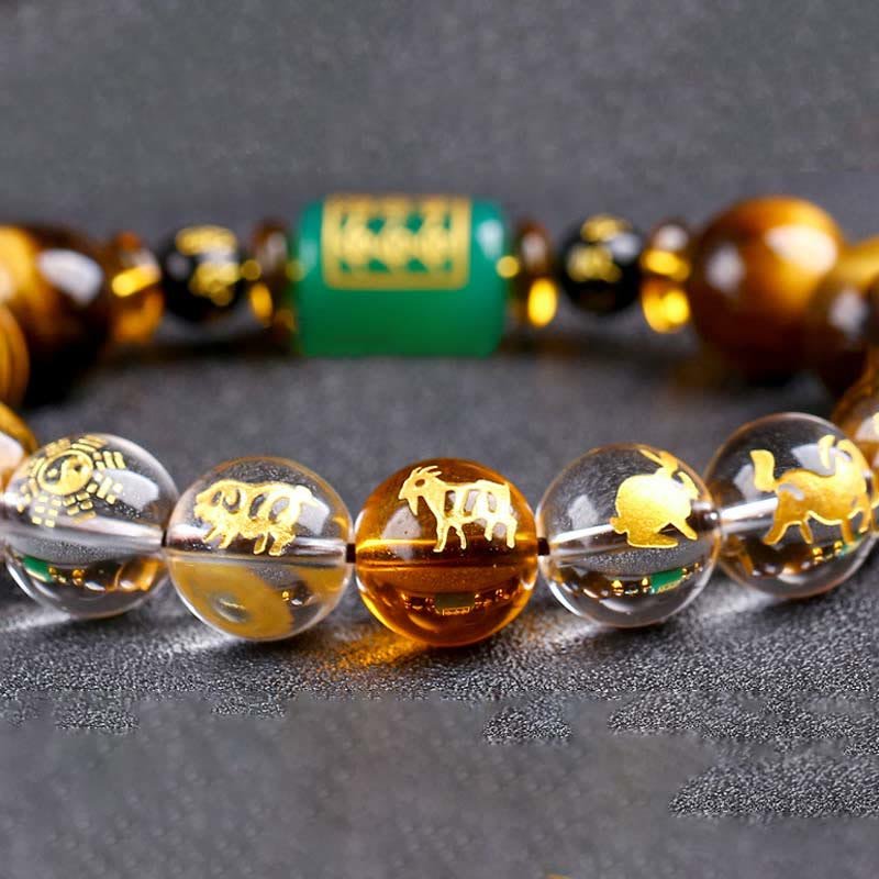 Buddha Stones Chinese Zodiac Tiger Eye White Crystal Courage Bracelet - Image 45