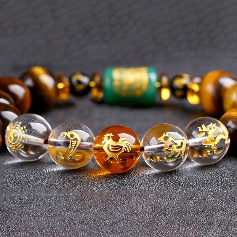 Buddha Stones Chinese Zodiac Tiger Eye White Crystal Courage Bracelet - Image 51
