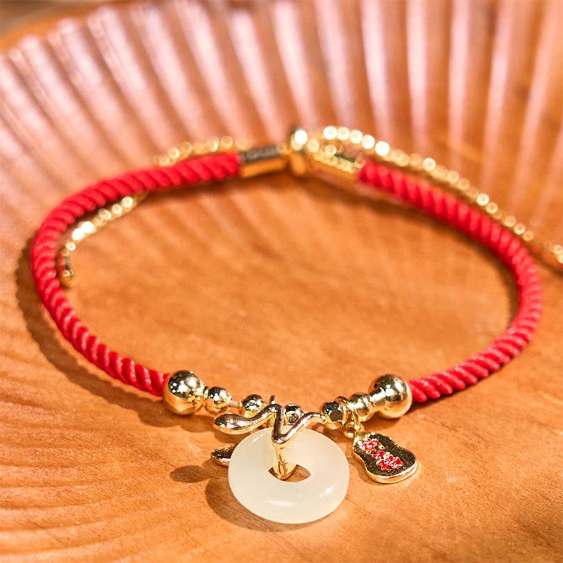 Buddha Stones Copper Plated Gold Jade Peace Buckle Fu Character Year Of The Snake Red String Luck Bracelet - Image 5