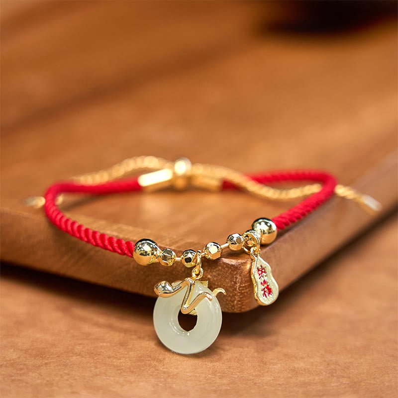 Buddha Stones Copper Plated Gold Jade Peace Buckle Fu Character Year Of The Snake Red String Luck Bracelet - Image 3