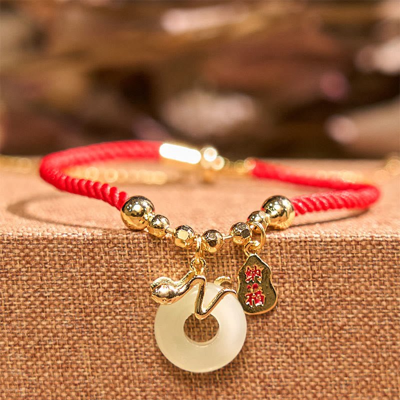 Buddha Stones Copper Plated Gold Jade Peace Buckle Fu Character Year Of The Snake Red String Luck Bracelet - Image 13