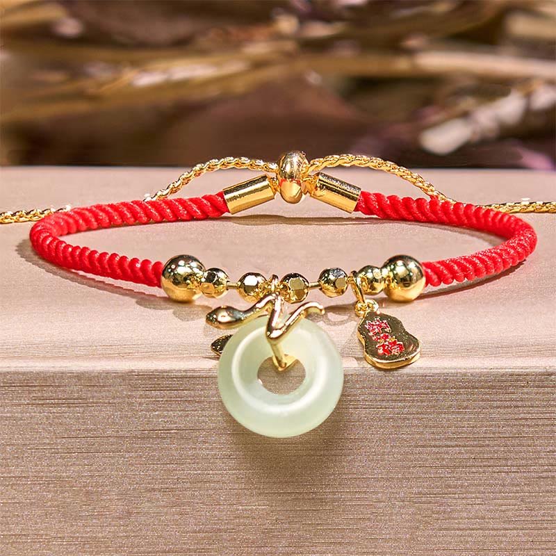 Buddha Stones Copper Plated Gold Jade Peace Buckle Fu Character Year Of The Snake Red String Luck Bracelet - Image 2