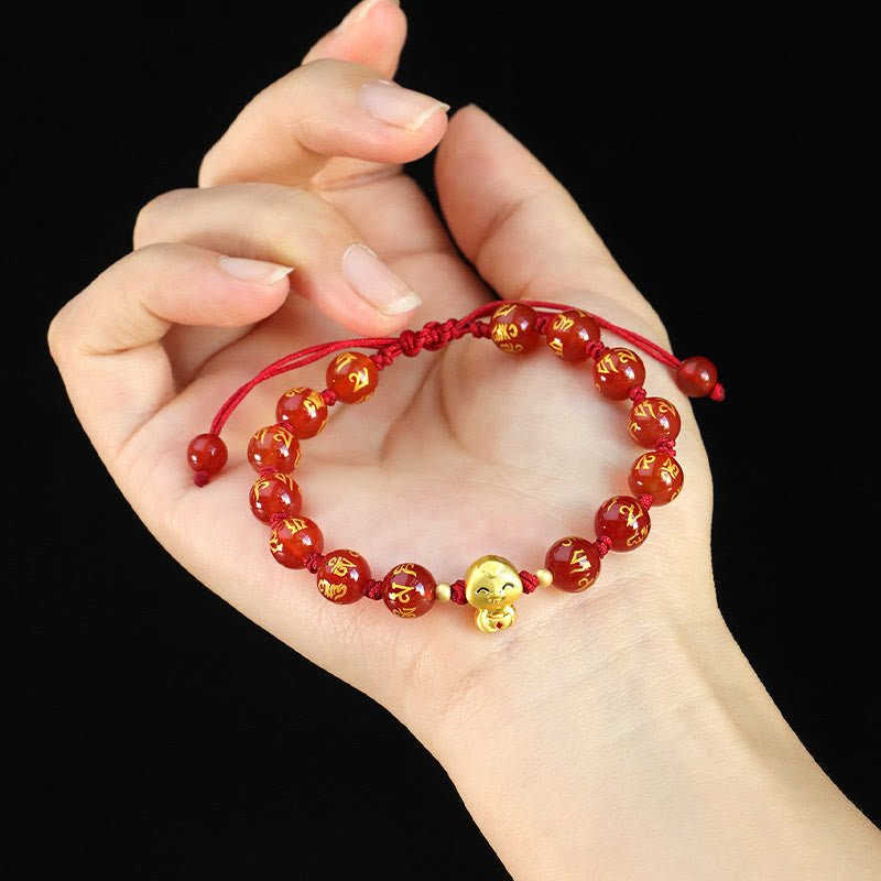 Buddha Stones Red Agate Black Onyx Bead Copper Year Of The Snake Fu Character Om Mani Padme Hum Happiness Bracelet - Image 12