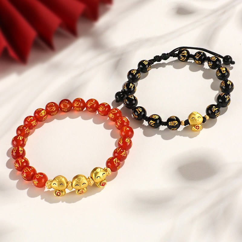 Buddha Stones Red Agate Black Onyx Bead Copper Year Of The Snake Fu Character Om Mani Padme Hum Happiness Bracelet - Image 2