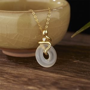 Buddha Stones 925 Sterling Silver Year Of The Snake Chalcedony Peace Buckle Positive Necklace Pendant