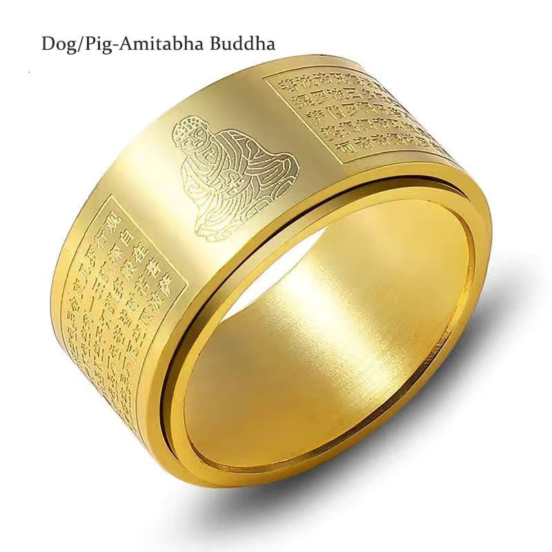 Buddha Stones Chinese Zodiac Natal Buddha Heart Sutra Carved Titanium Steel Calm Rotatable Ring - Image 16