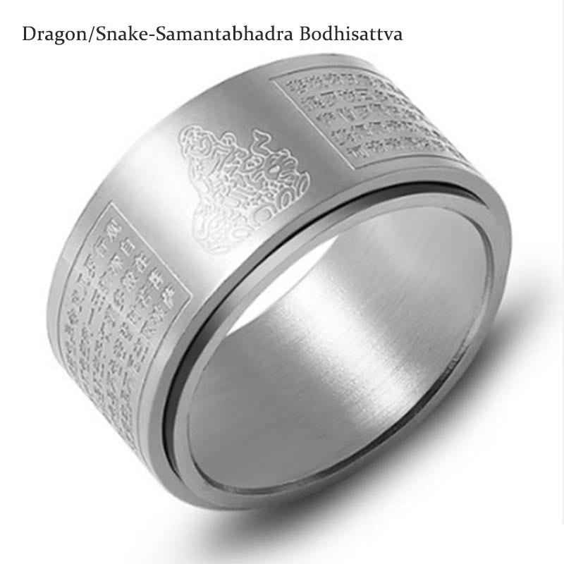 Buddha Stones Chinese Zodiac Natal Buddha Heart Sutra Carved Titanium Steel Calm Rotatable Ring - Image 25