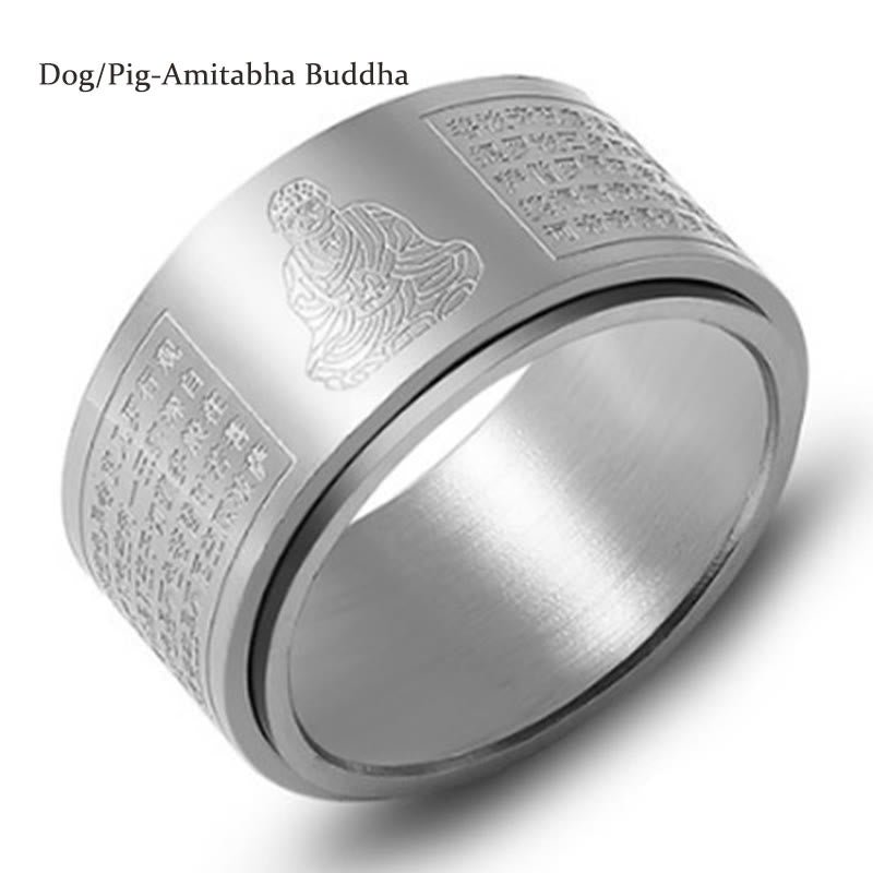 Buddha Stones Chinese Zodiac Natal Buddha Heart Sutra Carved Titanium Steel Calm Rotatable Ring - Image 33