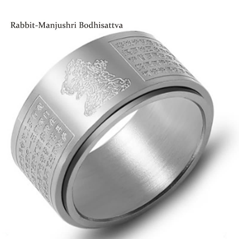 Buddha Stones Chinese Zodiac Natal Buddha Heart Sutra Carved Titanium Steel Calm Rotatable Ring - Image 31