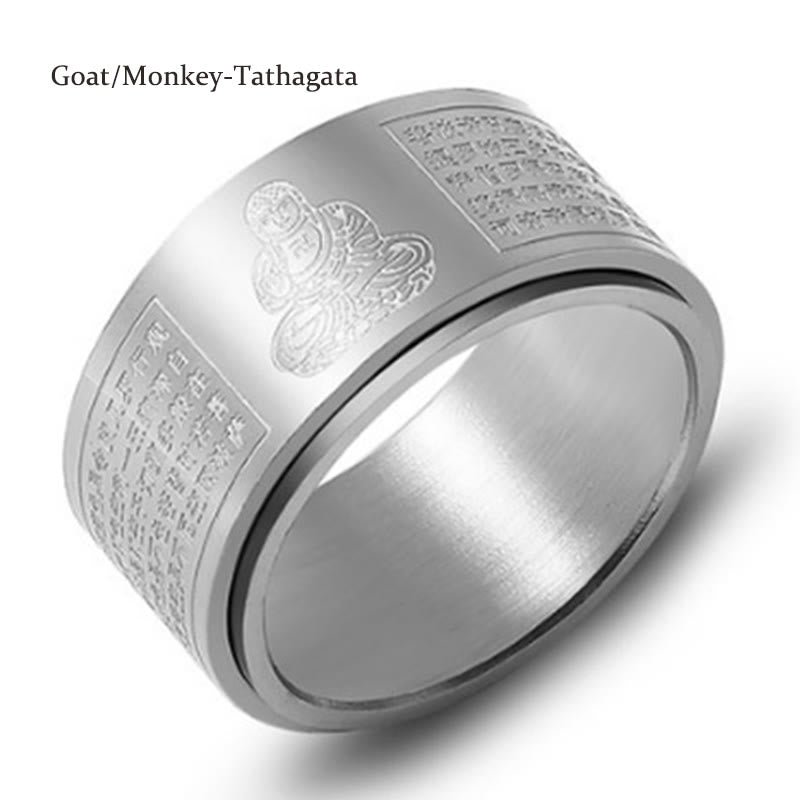 Buddha Stones Chinese Zodiac Natal Buddha Heart Sutra Carved Titanium Steel Calm Rotatable Ring - Image 42
