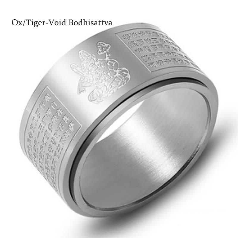 Buddha Stones Chinese Zodiac Natal Buddha Heart Sutra Carved Titanium Steel Calm Rotatable Ring - Image 29