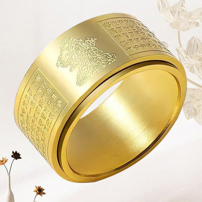 Buddha Stones Chinese Zodiac Natal Buddha Heart Sutra Carved Titanium Steel Calm Rotatable Ring - Image 14