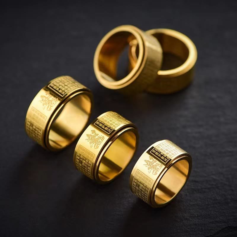 Buddha Stones Chinese Zodiac Natal Buddha Heart Sutra Carved Titanium Steel Calm Rotatable Ring - Image 24