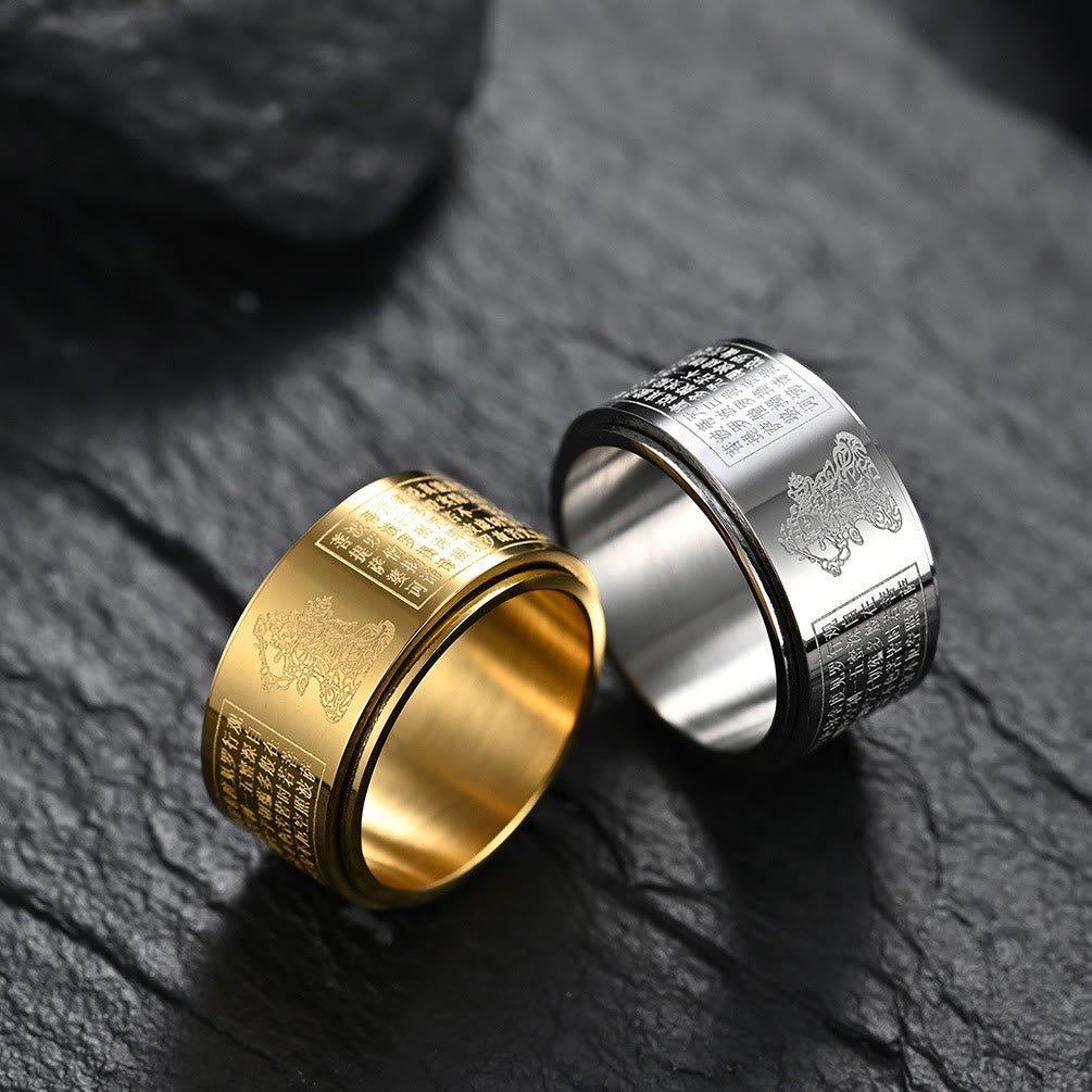 Buddha Stones Chinese Zodiac Natal Buddha Heart Sutra Carved Titanium Steel Calm Rotatable Ring - Image 32