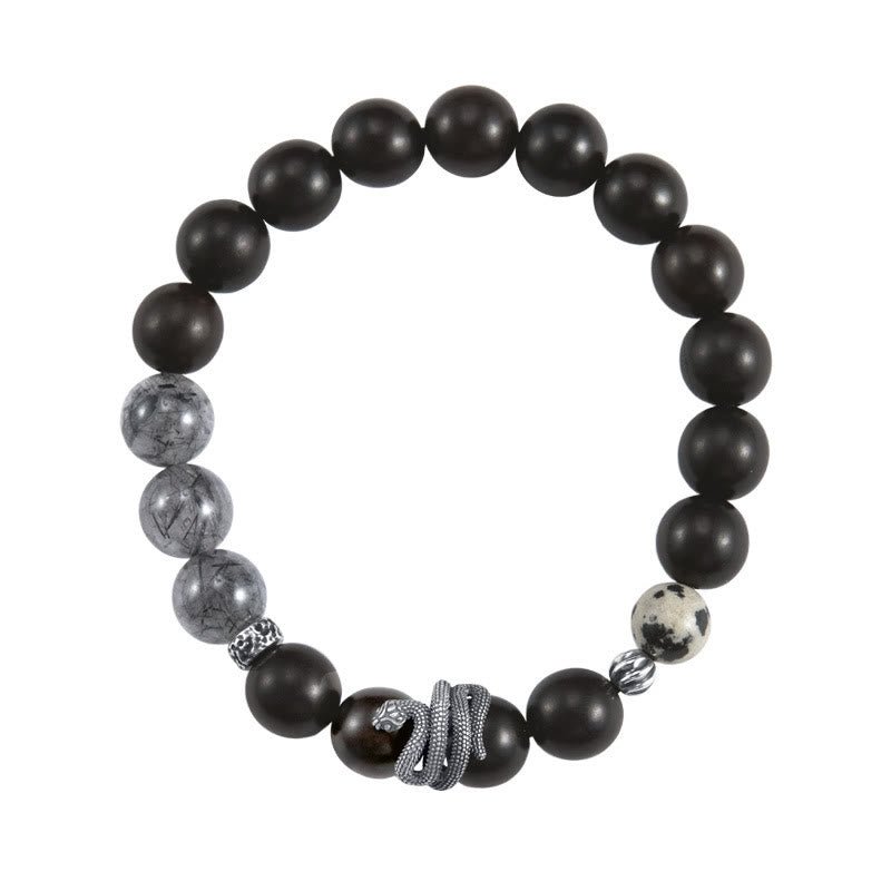 Buddha Stones Ebony Wood Black Rutilated Quartz 925 Sterling Silver Year Of The Snake Balance Bracelet - Image 10