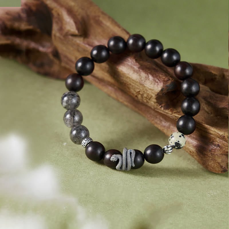 Buddha Stones Ebony Wood Black Rutilated Quartz 925 Sterling Silver Year Of The Snake Balance Bracelet - Image 3