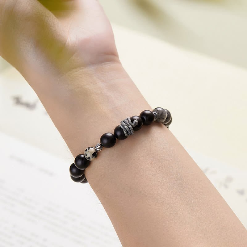 Buddha Stones Ebony Wood Black Rutilated Quartz 925 Sterling Silver Year Of The Snake Balance Bracelet - Image 4