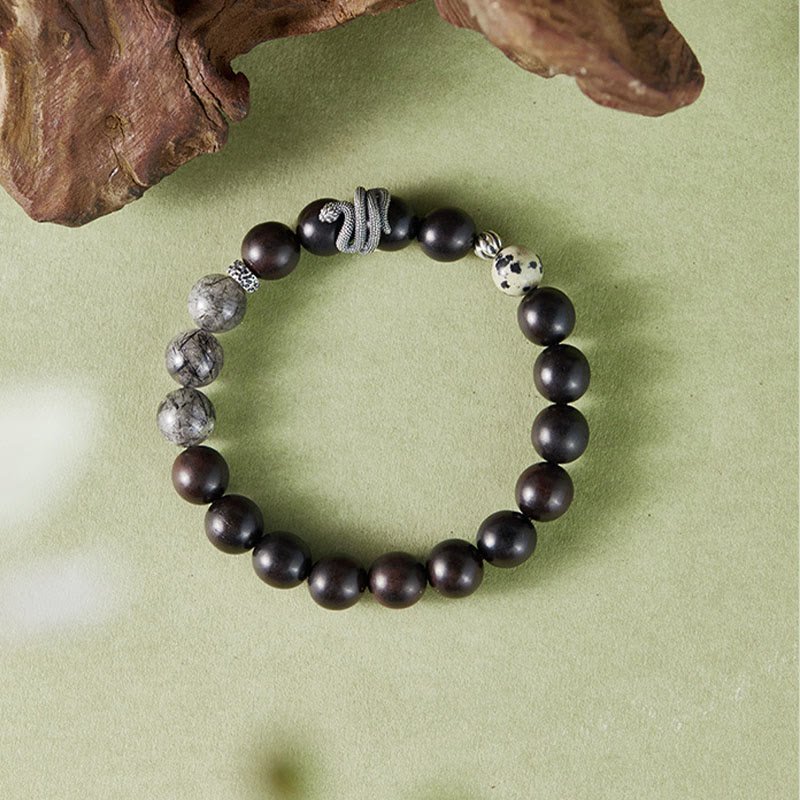 Buddha Stones Ebony Wood Black Rutilated Quartz 925 Sterling Silver Year Of The Snake Balance Bracelet - Image 9