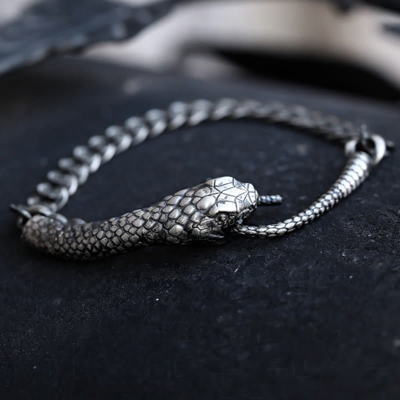 Buddha Stones Sterling Silver Snake Shape Texture Year Of The Snake Blessing Bracelet - Image 3
