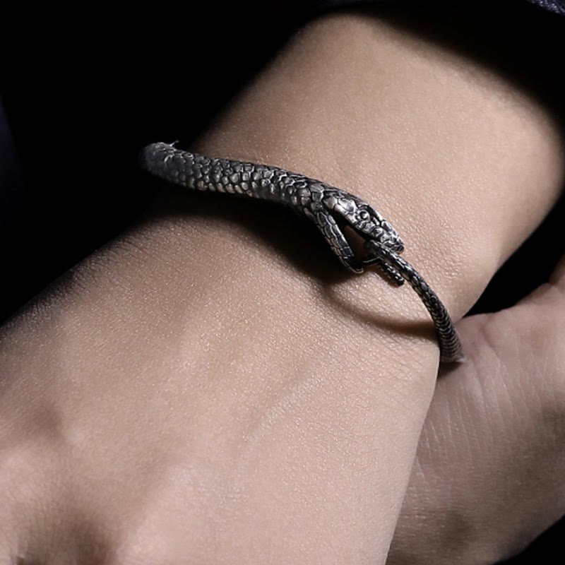 Buddha Stones Sterling Silver Snake Shape Texture Year Of The Snake Blessing Bracelet - Image 5