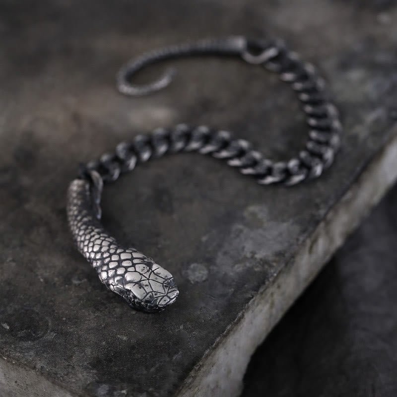 Buddha Stones Sterling Silver Snake Shape Texture Year Of The Snake Blessing Bracelet - Image 2