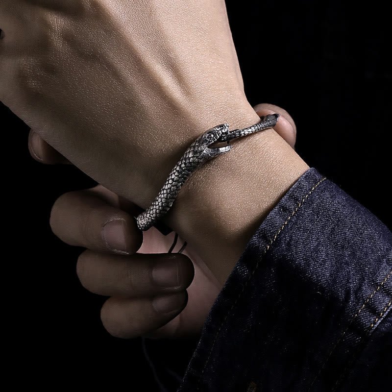 Buddha Stones Sterling Silver Snake Shape Texture Year Of The Snake Blessing Bracelet - Image 4