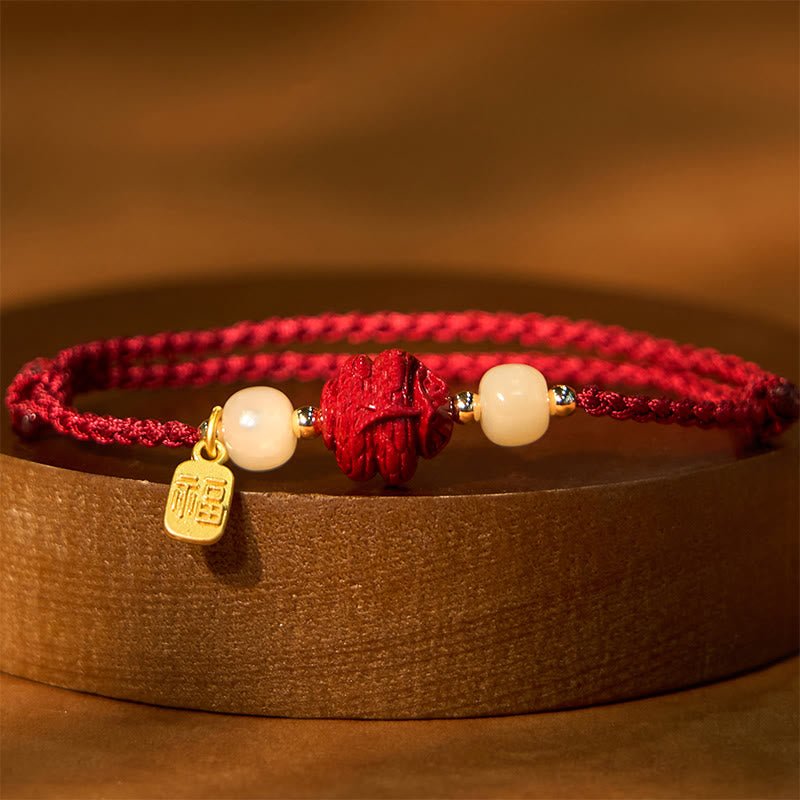 Buddha Stones Natural Cinnabar Chinese Zodiac Hetian Jade Fu Character Luck Rope Bracelet - Image 6