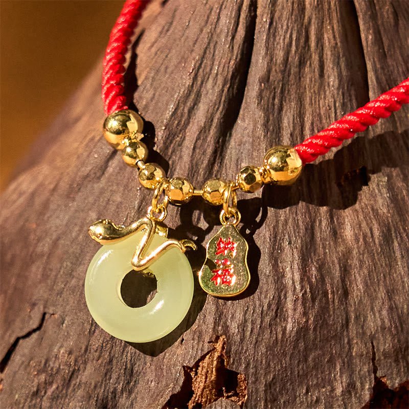 Buddha Stones Copper Plated Gold Jade Peace Buckle Fu Character Year Of The Snake Red String Luck Bracelet - Image 12