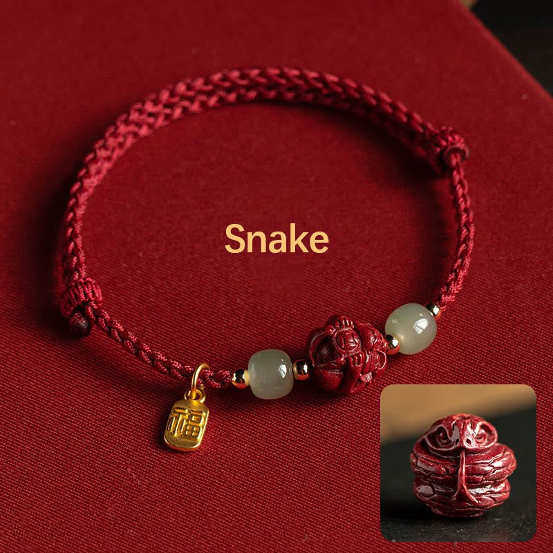 Buddha Stones Natural Cinnabar Chinese Zodiac Hetian Jade Fu Character Luck Rope Bracelet - Image 8
