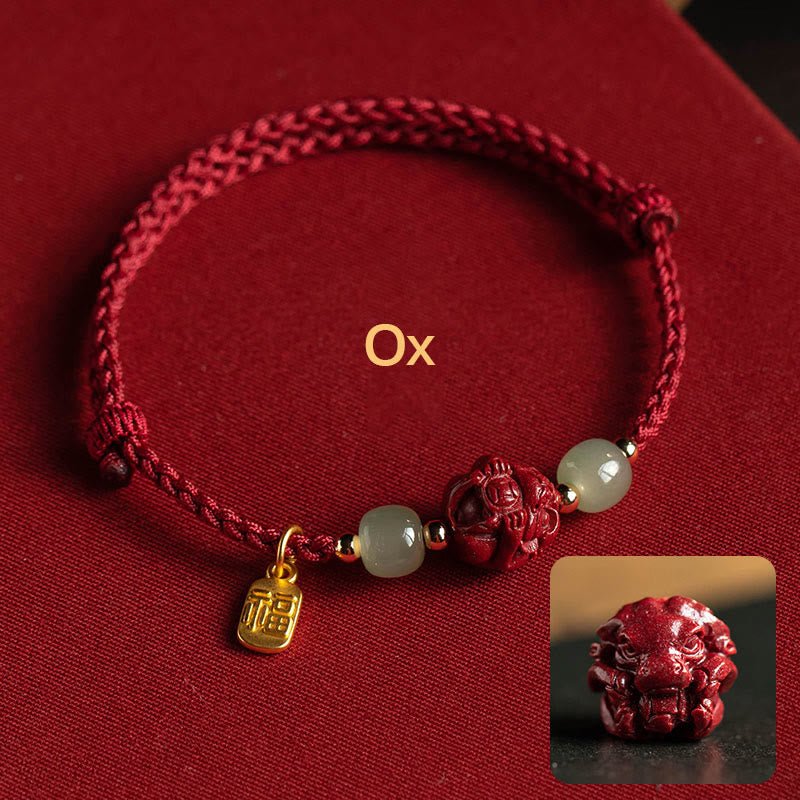 Buddha Stones Natural Cinnabar Chinese Zodiac Hetian Jade Fu Character Luck Rope Bracelet - Image 2