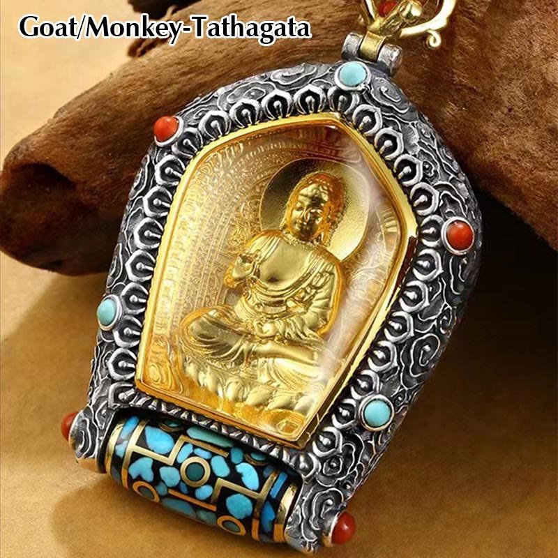 Buddha Stones Tibet Chinese Zodiac Natal Buddha Thangka Prosperity Rotatable Dzi Bead Necklace Pendant - Image 9