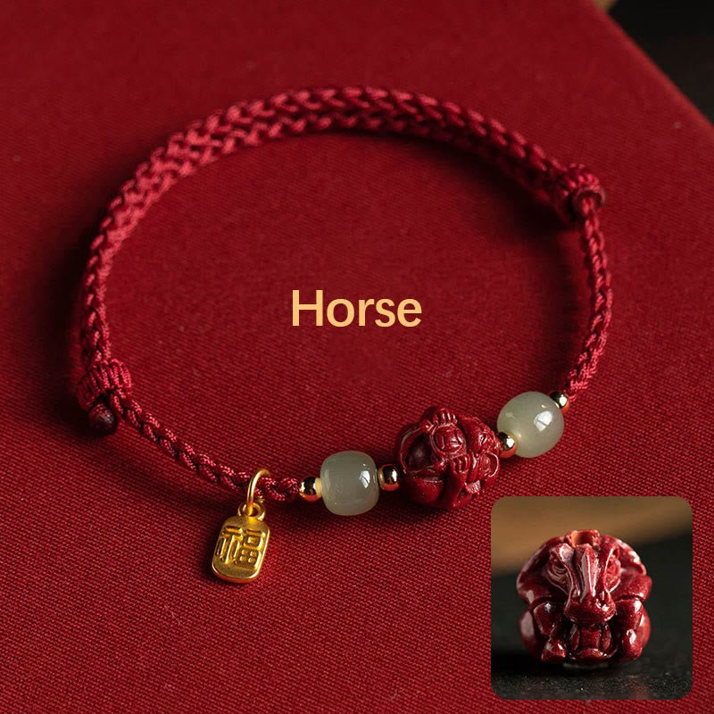 Buddha Stones Natural Cinnabar Chinese Zodiac Hetian Jade Fu Character Luck Rope Bracelet - Image 9