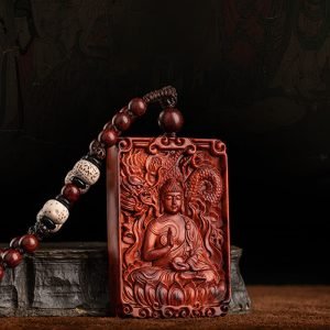 Buddha Stones Chinese Zodiac Natal Buddha Small Leaf Red Sandalwood Protection Necklace Pendant