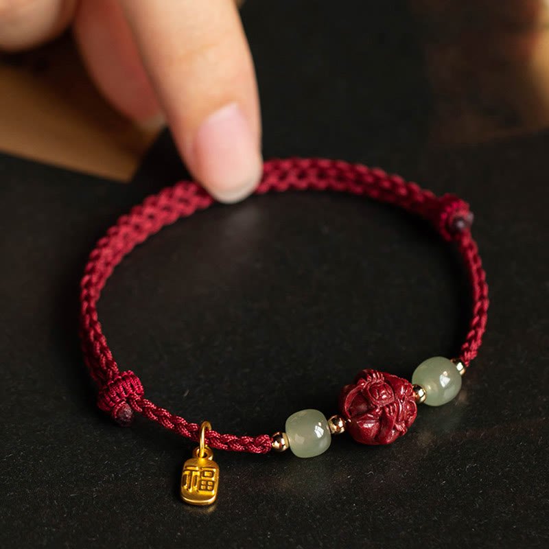 Buddha Stones Natural Cinnabar Chinese Zodiac Hetian Jade Fu Character Luck Rope Bracelet - Image 13