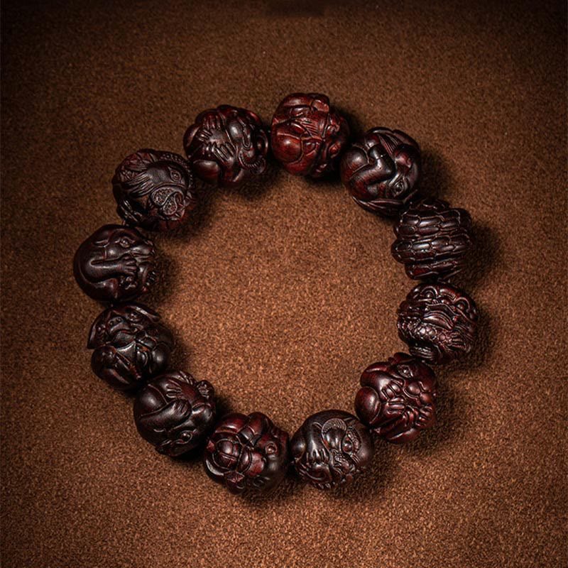 Buddha Stones Chinese Zodiac Engraved Small Leaf Red Sandalwood Protection Bracelet - Image 5