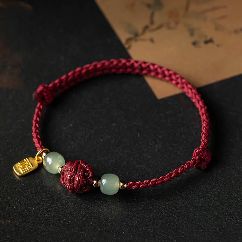 Buddha Stones Natural Cinnabar Chinese Zodiac Hetian Jade Fu Character Luck Rope Bracelet - Image 12