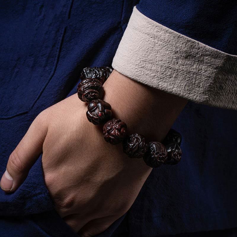 Buddha Stones Chinese Zodiac Engraved Small Leaf Red Sandalwood Protection Bracelet - Image 13