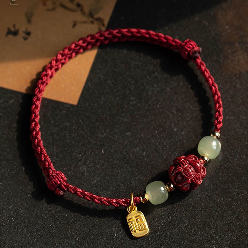 Buddha Stones Natural Cinnabar Chinese Zodiac Hetian Jade Fu Character Luck Rope Bracelet - Image 16