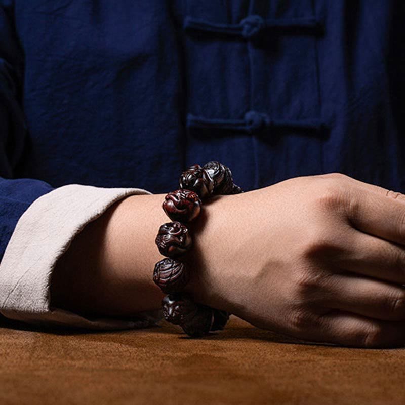 Buddha Stones Chinese Zodiac Engraved Small Leaf Red Sandalwood Protection Bracelet - Image 12