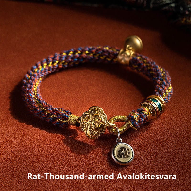 Buddha Stones 925 Sterling Silver Chinese Zodiac Natal Buddha Om Mani Padme Hum Luck Bell Braided String Bracelet - Image 2