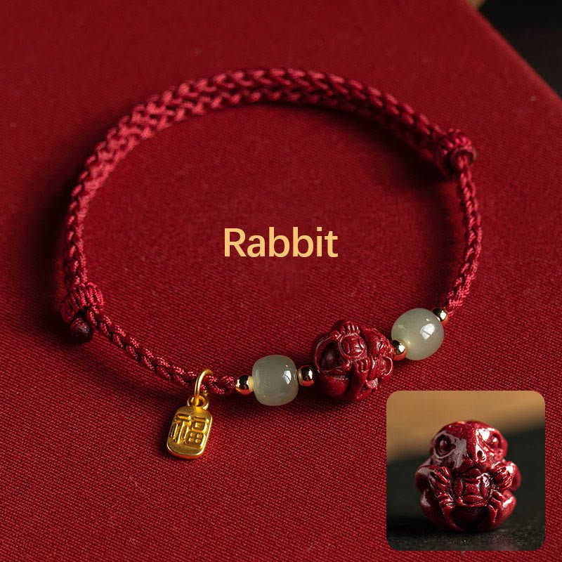 Buddha Stones Natural Cinnabar Chinese Zodiac Hetian Jade Fu Character Luck Rope Bracelet - Image 4