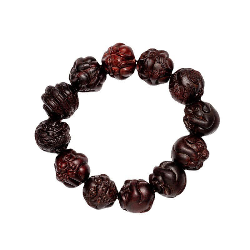 Buddha Stones Chinese Zodiac Engraved Small Leaf Red Sandalwood Protection Bracelet - Image 15
