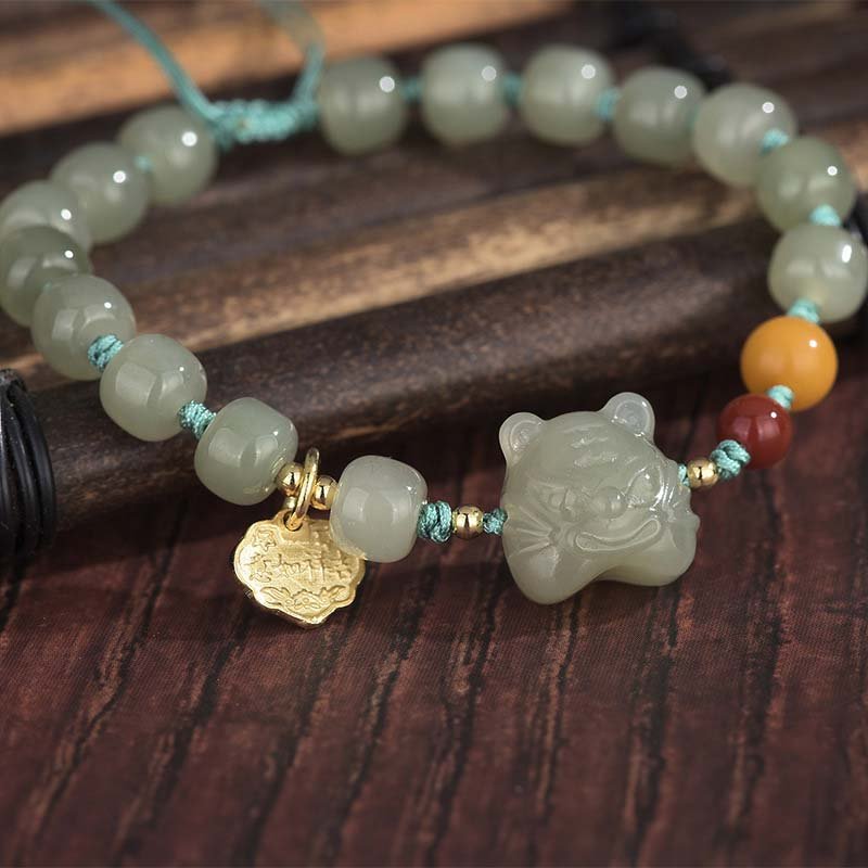 Buddha Stones Chinese Zodiac Tiger Jade Blessing String Bracelet - Image 2