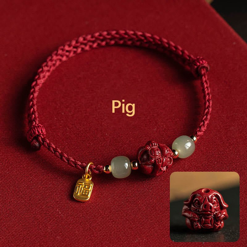 Buddha Stones Natural Cinnabar Chinese Zodiac Hetian Jade Fu Character Luck Rope Bracelet - Image 22