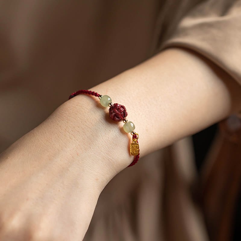 Buddha Stones Natural Cinnabar Chinese Zodiac Hetian Jade Fu Character Luck Rope Bracelet - Image 14